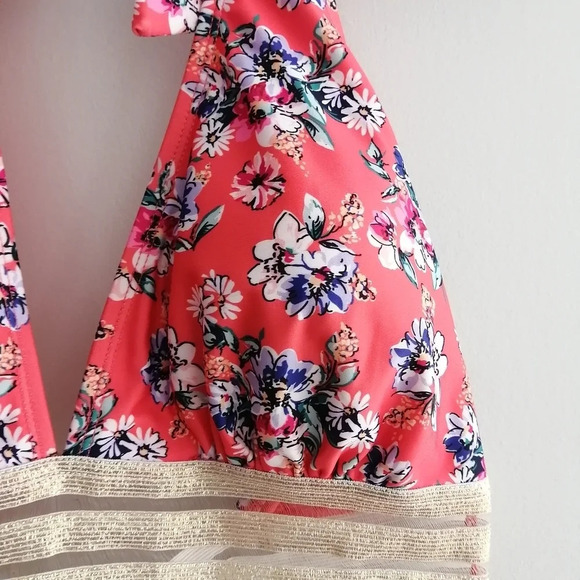 Nicole Miller Coral Pink Floral  Halter Bikini Top with Mesh Metallic Band Large - Picture 5 of 16